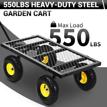 Steel Garden Cart, 550 LBS Heavy Duty Metal Garden Wagon with 10" Wheels, Metal Push Wagon with 180° Rotating Handle and Removable Sides for Farm, Yard