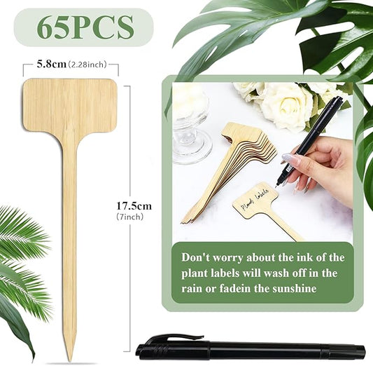 65 Pieces Extra Long Plant Labels, Wooden T-Type Plant Name Tags for Indoor Outdoor Garden Markers, Bamboo Plants Label Stakes for Fruit Herb Seeds Name Stick (7" x 2.28" x 0.07")
