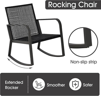 Bistro 3 Piece Patio Furniture Set, Patio Table and Rattan Outdoor Rocking Chairs Set of 2, Outdoor Bistro Conversation Set for Garden, Balcony, Poolside, Backyard, Blue