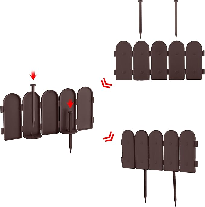 Evelyne Garden Border Plastic Edging: Wooden Fence Design - 16pcs Brown Yard Landscaping Fence Liner Lawn Edge Barrier - 20ft Kit of Decorative Lawn Panels Elements -Landscaping Edging-GMT-10374-A16