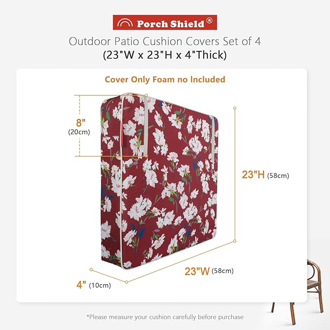 Porch Shield Patio Chair Seat Cushion Covers Set 4, Outdoor Waterproof Fade Resistant Cushion Slipcovers, Replacement Covers Only, 23 x 23 x 4 Inch