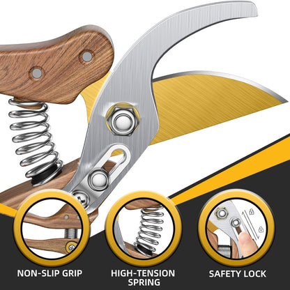 8.5" Professional Bypass Pruning Shears – Heavy Duty Garden Scissors & Clippers for Wood & Tree Trimming, Ultra Sharp SK5 Blade, Ergonomic Handle, Perfect Gardening Gift, 2025 Wood-Like Finish