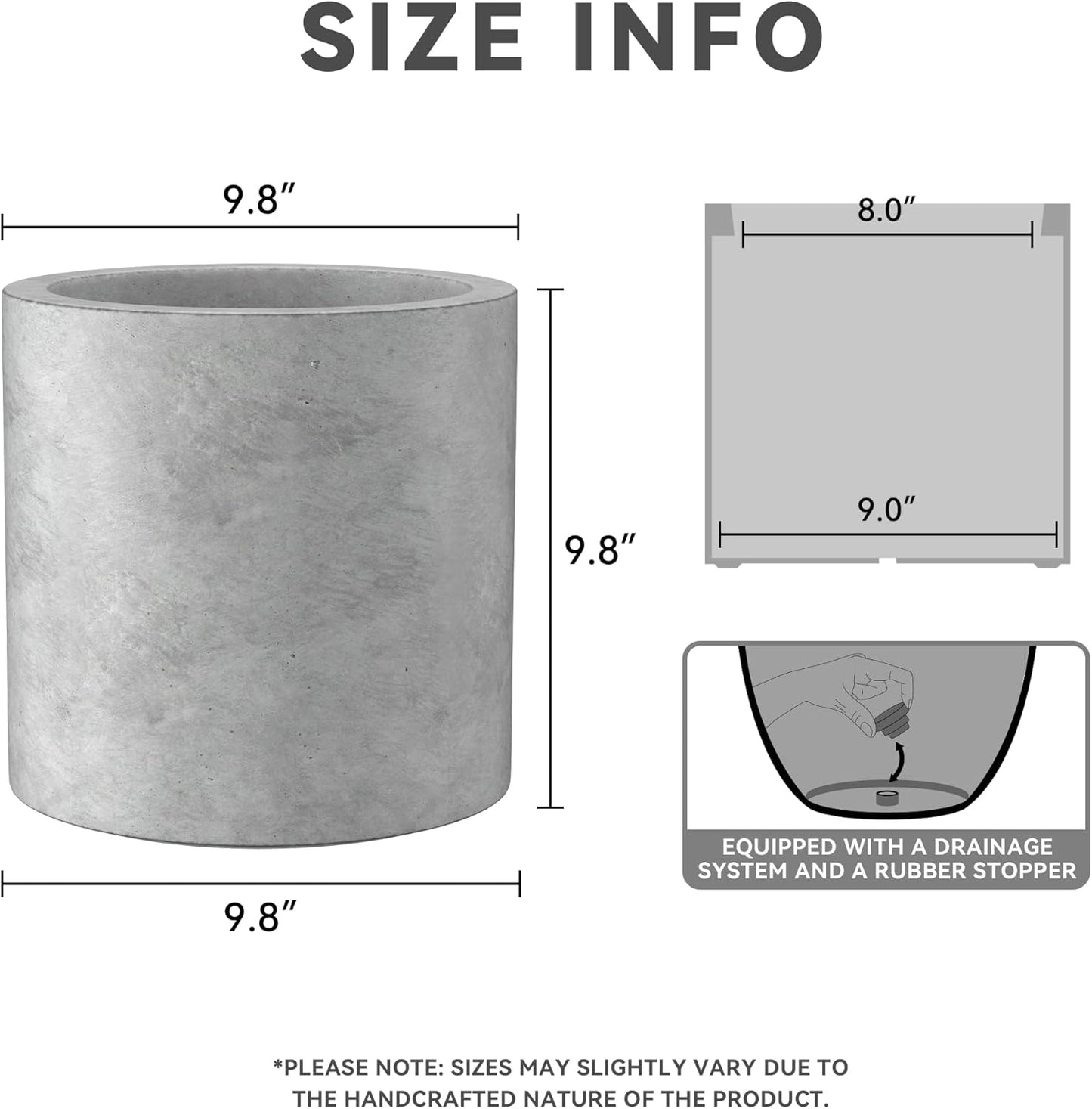 Kante 9.8" Dia Round Concrete Planter, Modern Style Large Cylindrical Plant Pot with Drainage Hole and Rubber Plug for Indoor Outdoor Patio, Natural Concrete