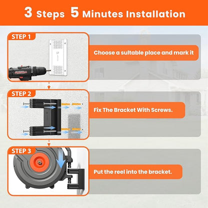 Upgraded Retractable Garden Hose Reel 5/8 in x 90 ft PRO 180° Swivel Metal Bracket Automatic Retract Heavy Duty Hose Reels Wall Mount Any Length Lock 9 Pattern Nozzle Garden Watering