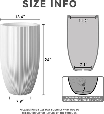 Kante 24 Inch Tall Round Concrete Planter, Large Indoor Outdoor Plant Pots with Drainage Hole and Rubber Plug, Modern Decorative Garden Pots for Home Patio Porch, Textured White