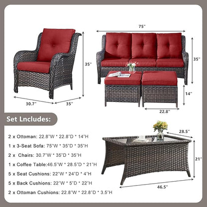 Rilyson Outdoor Patio Wicker Furniture Set - 6 Piece Rattan Patio Conversation Sectional Sofa Set with 1 Couch,2 Armchairs,2 Ottomans and 1 Glass Top Coffee Table for Porch Deck Garden(Brown/Red)