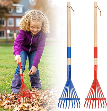 Kids Friendly Rakes for Leaves - 28" Child Size Small Rake with Durable Metal Head & Hardwood Handle, Real Lawn Garden Yard Tools for 3+ Years Kids Enjoy Helping Work Gifts, 2 Pcs