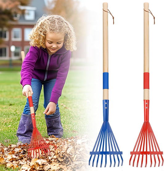 Kids Friendly Rakes for Leaves - 28" Child Size Small Rake with Durable Metal Head & Hardwood Handle, Real Lawn Garden Yard Tools for 3+ Years Kids Enjoy Helping Work Gifts, 2 Pcs