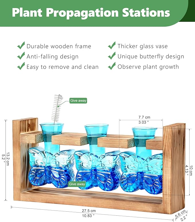 Nacome Butterfly Vase Propagation Stations: Glass Plant Terrarium with Wooden Stand for Home Office Desk Decor, Unique Gifts for Plant Lovers Women Mom (Blue)