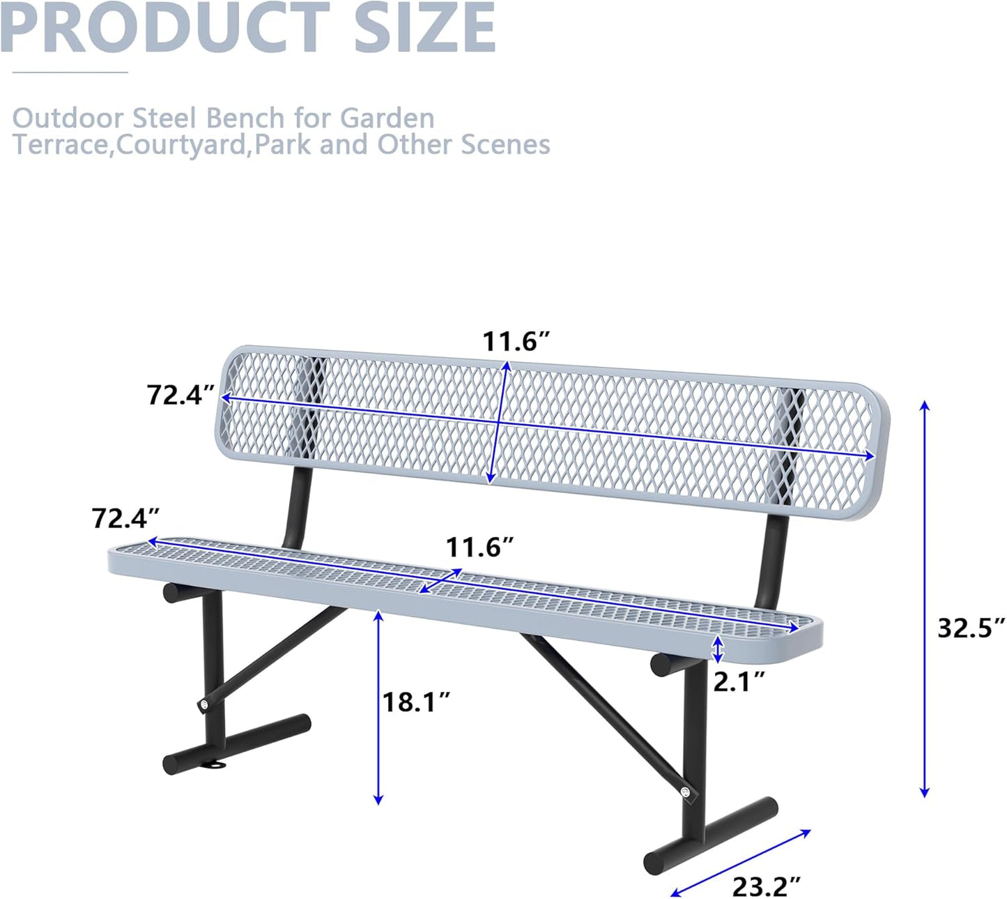 Heavy Duty Park Bench with Back Portable Frame, Outdoor Steel Bench with Backrest, Outdoor Park Bench Expanded Metal Mesh Bench for Lawn, Park, Deck, Garden, Patio, Porch, Black (Gray, 6FT)