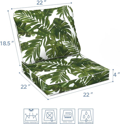 LVTXIII Outdoor Deep Seat Cushion Patio Seat and Back Cushion Set Seasonal Chair Cushion for Dining Arm Chairs, Wicker Chairs and Garden Furniture Decoration, 22"x22"x4", Palms Green