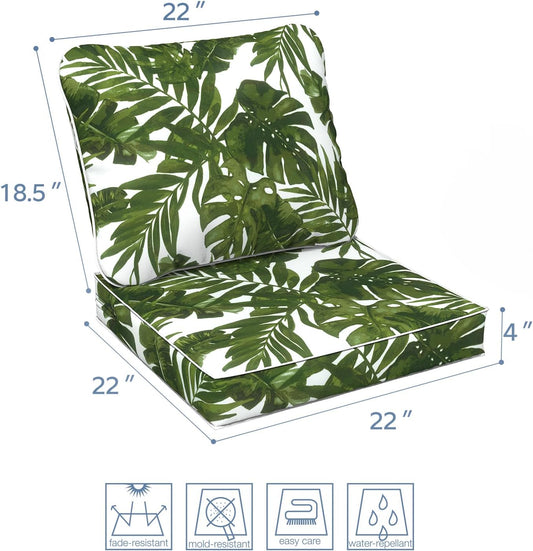 LVTXIII Outdoor Deep Seat Cushion Patio Seat and Back Cushion Set Seasonal Chair Cushion for Dining Arm Chairs, Wicker Chairs and Garden Furniture Decoration, 22"x22"x4", Palms Green