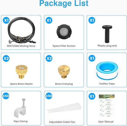 Bonviee Misters for Outside Patio, 100FT Misting Cooling System for Patio, 100FT (30M) Misting Line+28 Mist Nozzles+3/4" Brass Adapter, Pre-Assembled Garden & Greenhouse Watering System