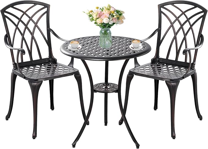 3 Piece Bistro Patio Set Cast Alumiunm Patio Furniture Set,All Weather Bistro Table and Chairs Set of 2 with 1.97" Umbrella Hole,Outdoor Patio Bistro Sets for Garden（Antique Bronze）