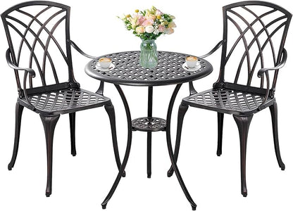 3 Piece Bistro Patio Set Cast Alumiunm Patio Furniture Set,All Weather Bistro Table and Chairs Set of 2 with 1.97" Umbrella Hole,Outdoor Patio Bistro Sets for Garden（Antique Bronze）