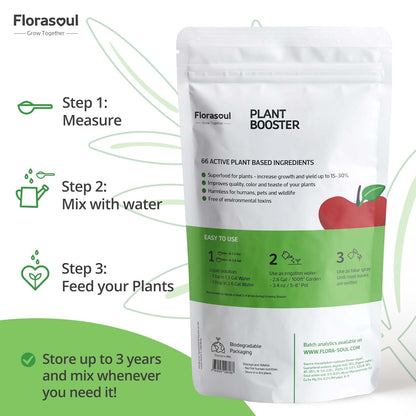 Florasoul® Plant Booster – Organic Vegan Fertilizer for Self-Sufficient Gardeners! All-Purpose, Nutrient-Rich Plant Food for Lush Growth, Vibrant Flowers & Healthy Soil – 100% Natural, Pet-Safe