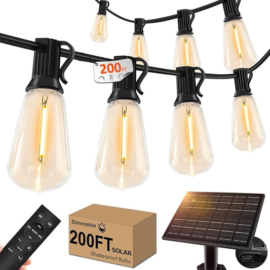 200ft Solar Outdoor String Lights with Remote - USB Rechargeable Solar Powered Outdoor Patio Lights - Larger 3.5W Solar Panel, Timer, Dimmable Shatterproof ST38 Bulbs for Backyard, Garden, Pool