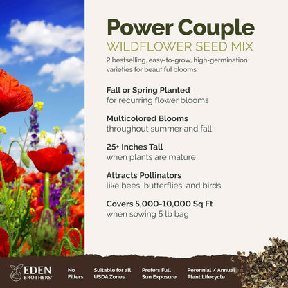 Eden Brothers Power Couple Flower Mixed Seeds for Planting, 5 lb, 2,400,000+ Seeds with Rocket Larkspur, Bupleurum | Attracts Pollinators, Plant in Spring or Fall, Zones 3, 4, 5, 6, 7, 8, 9, 10