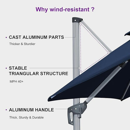 PURPLE LEAF 10ft Cantilever Outdoor Patio Umbrella Large Heavy Duty 360° Rotation Double Top Offset Rectangular Umbrellas for Backyard Deck Pool, Spectrum Indigo