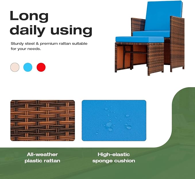 Devoko 4 Pieces Patio Wicker Furniture Set Outdoor Patio Chairs with Ottomans All Weather Cushioned Chairs Balcony Porch Furniture (Blue)