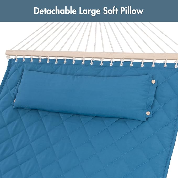ANOW Quilted Hammock with Spreader Bars and Detachable Pillow, Large Hammock for Outdoors Indoors, 450 LBS Weight Capacity, Blue