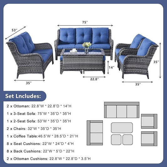 Rilyson Outdoor Patio Furniture Sofa Set - 7 PC Rattan Wicker Patio Sectional Conversation Sets with Sofa,Loveseat,Coffee Table,Armrest Chairs and Ottomans for Porch Deck Garden(Mixed Grey/Blue)