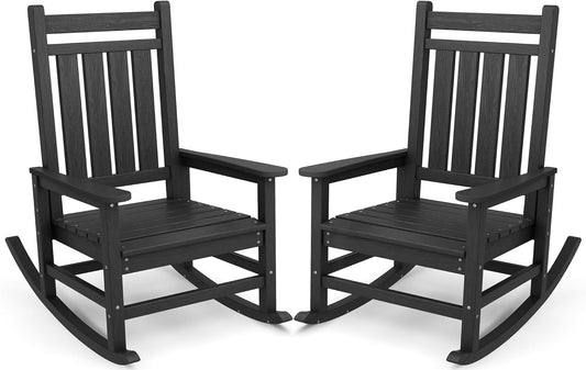SERWALL Oversized Outdoor Rocking Chair Set of 2, HDPE Rocker for Adults, Patio Rocking Chairs for Porch, Black