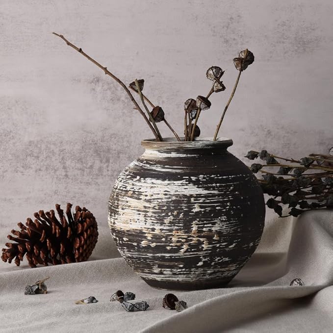 Rustic Terracotta Vase for Farmhouse Decor, Large Vintage Pottery Vases for Home, Wide Mouth Ceramic Vase for Living Room, Kitchen, Table Centerpieces, Modern Rustic Stone Vases