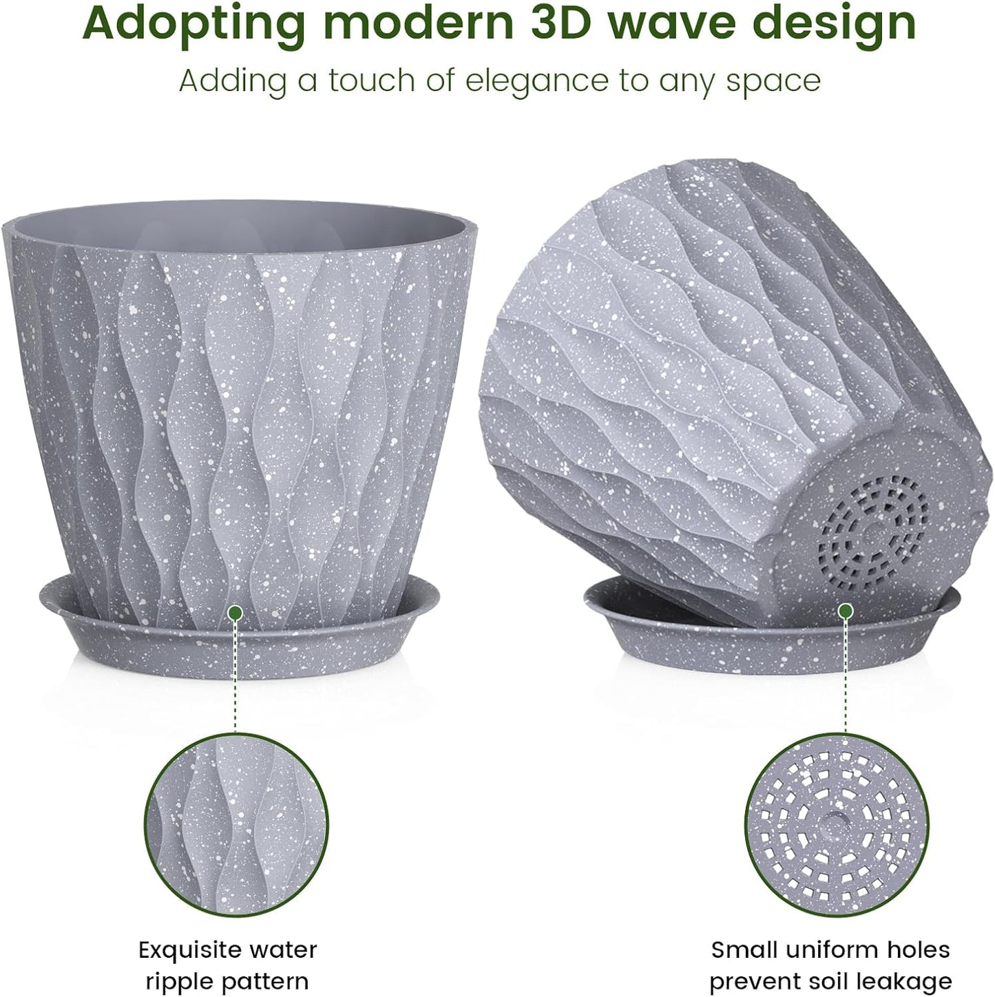 7 inch Plant Pots for Indoor Outdoor Plants, 5 Pack Thick Flower Pots with Drainage Holes and Saucers, 3D Modern Wave Texture Plastic Planter Nursery Pots, Speckled Grey