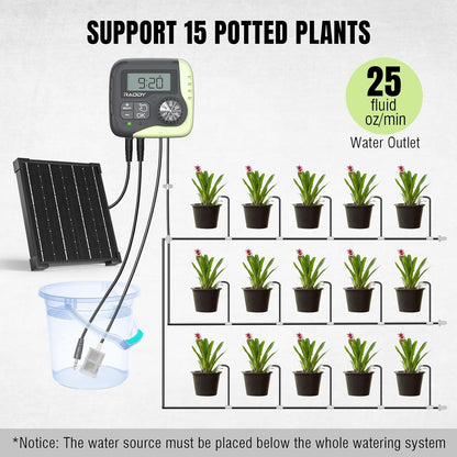 Raddy WS-1 Drip Irrigation Kit, 5W Solar Powered Automatic Watering System, Easy DIY Water Timer for Plants on The Balcony, Gardens, and Green House, Supported 15 Pots