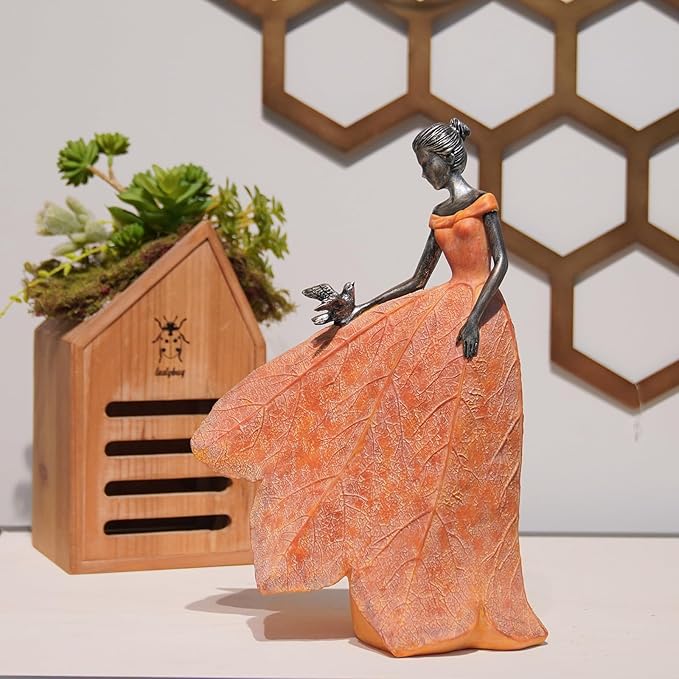 Guichifun Fairy Statue Collection Home Decoration - Orange Leaf Angel Girls Resin Fall Christmas Decor for Outside or Inside Rustic Garden Outdoor Yard Decorations Figurines Gift 8.5 x 5.25 x 12 Inch