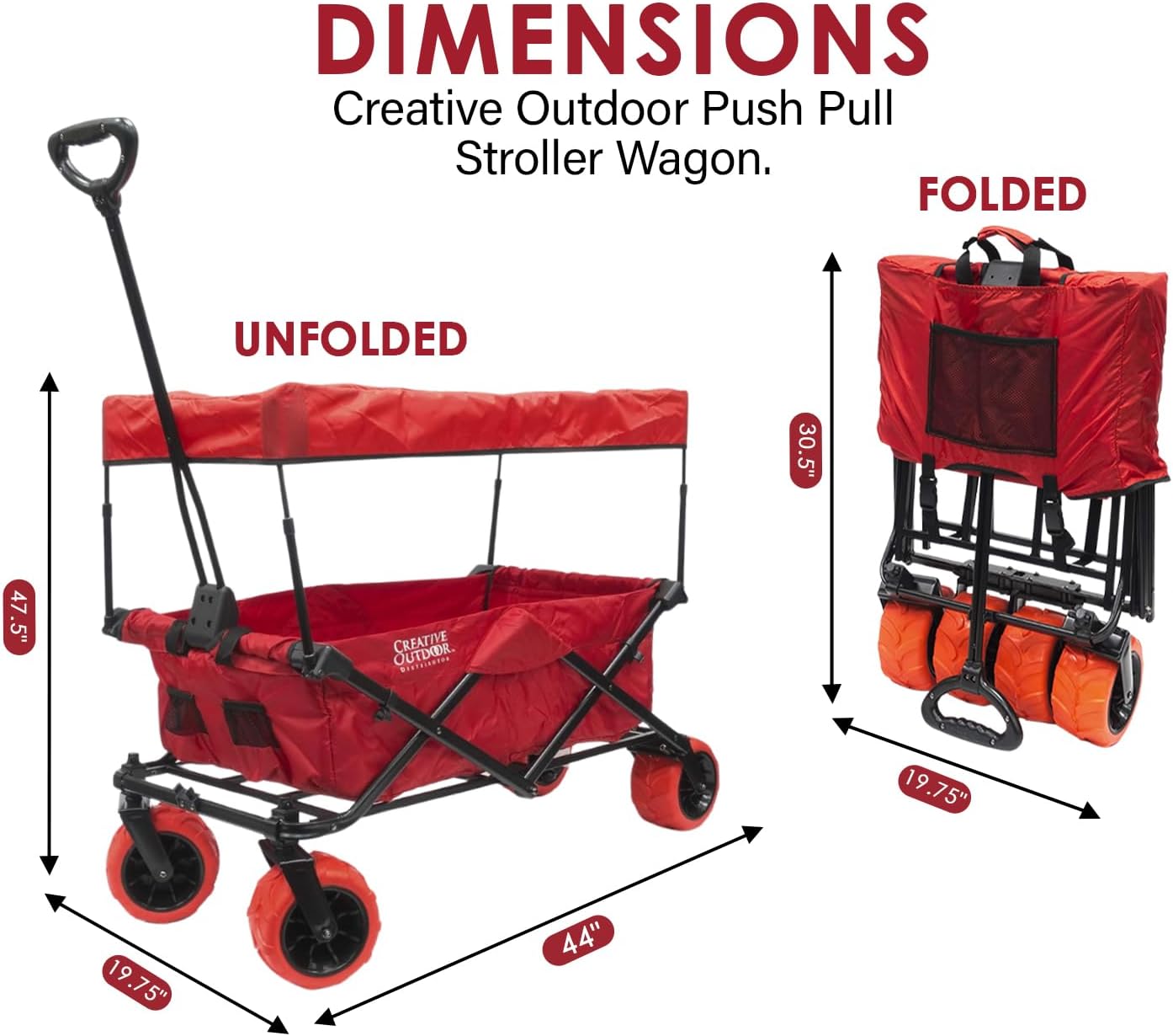 Creative Outdoor Push Pull Stroller Wagon for Kids, 150lbs Weight Capacity, All-Terrain Collapsible Folding Cart with Canopy for Cargo, Beach, Park, Garden, Camping & Tailgate