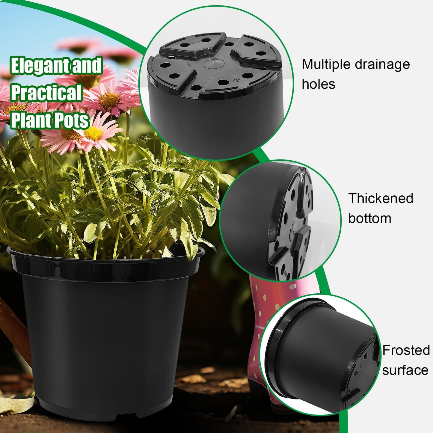 3 Gallon Plastic Nursery Pots, 10 Inch Round Plant Pots with Drainage Holes, 10 Pack Planting Pot for Outdoor Indoor Plants, Gardening Gifts for Women, Black