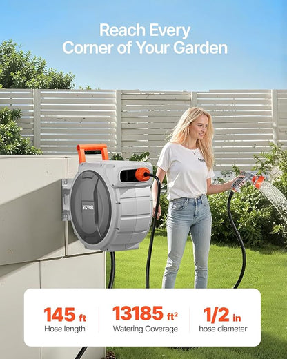 VEVOR Retractable Garden Hose Reel, 1/2 Inch x 145 ft Wall Mounted Hose Reel, Heavy Duty Garden Hose Reel with 9 Patterns Nozzle, Any Length Lock, Upgraded Slow Return System and 180°Swivel Bracket
