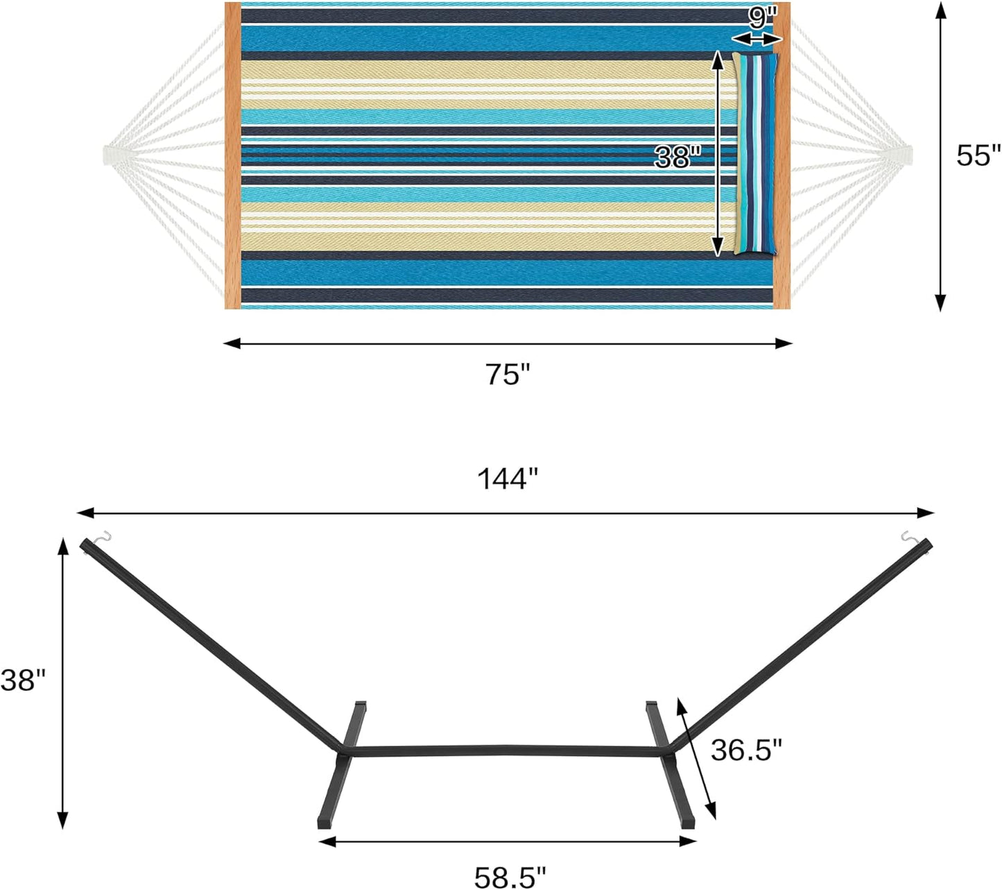 Two Person Hammock with Stand Heavy Duty, Outdoor Patio Hammock with Portable Steel Stand, Large Double Hammocks,480lbs Capacity.(Middle Blue Stripes)