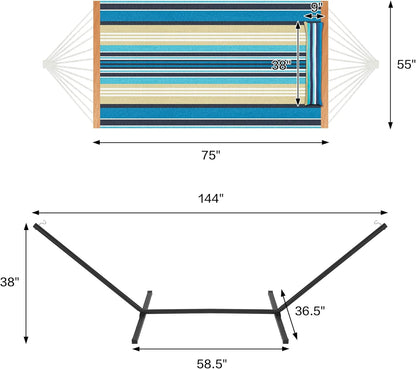 Two Person Hammock with Stand Heavy Duty, Outdoor Patio Hammock with Portable Steel Stand, Large Double Hammocks,480lbs Capacity.(Middle Blue Stripes)