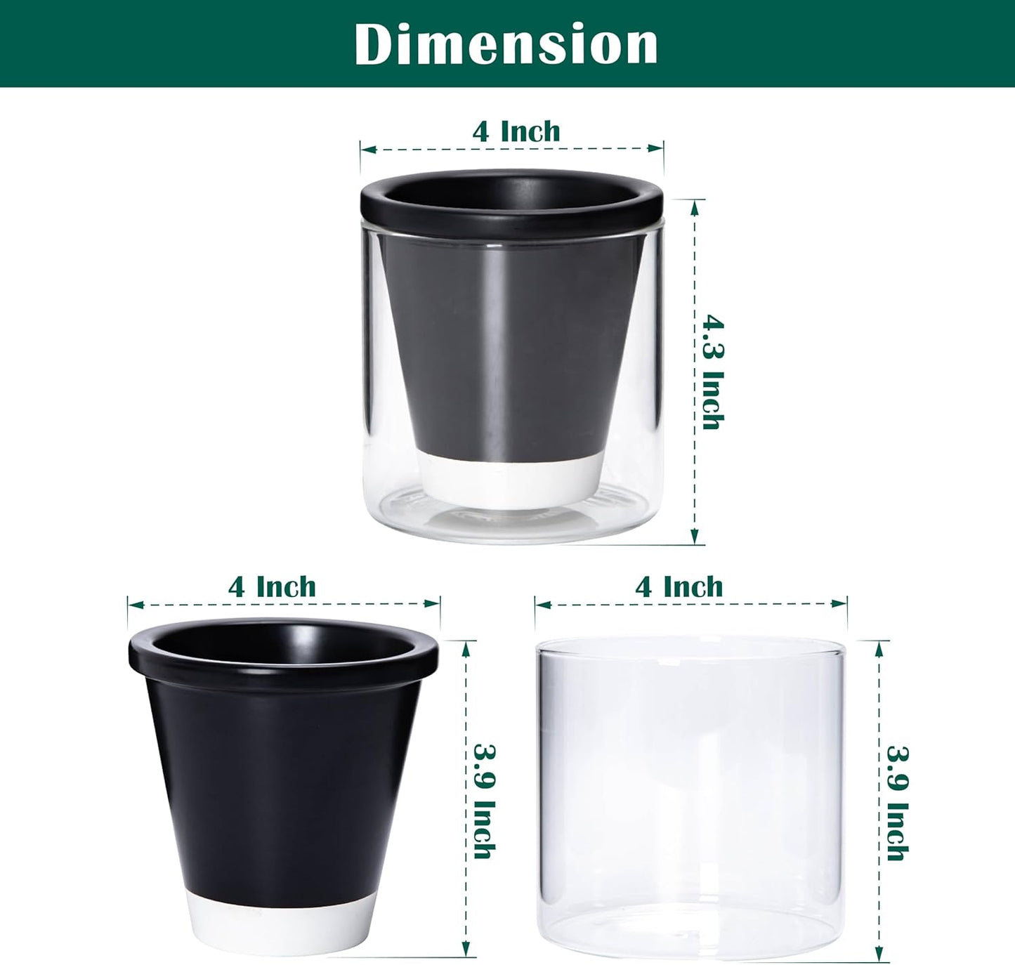 D'vine Dev 4 Inch Design Self Watering Planter for Indoor Plants, Black Terracotta Pot with Cylinder Glass Cup, 37-X-A-3