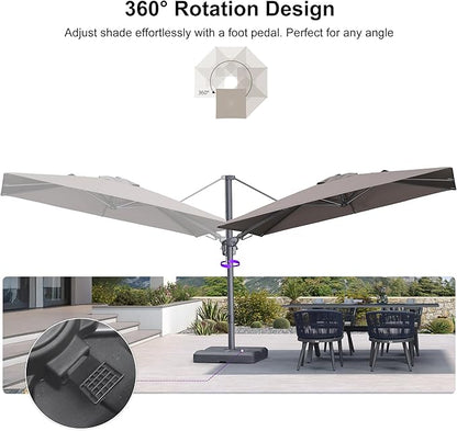 PURPLE LEAF 10' X 6.5' Swivel Outdoor Patio Aluminum Umbrella with Base Left-right Tilting Cantilever Offset Umbrella with UV Resistant Heavy Duty Fabric for Deck Pool Patio Backyard, Ash Mocha