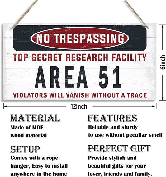 Warning Sign, Area 51 No Trespassing Warning Wood Plaque Sign, Funny Door Signs, Decorative Wood Hanging Suspension Plaque, Farmhouse Wooden Wall Decor