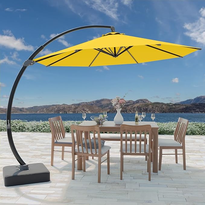 Outdoor Patio Umbrella with Sand Bag Included, 11 FT Deluxe Curvy Cantilever Umbrella Offset Hanging Umbrella with 360° Rotation for Market, Pool, Garden, Backyard, Deck