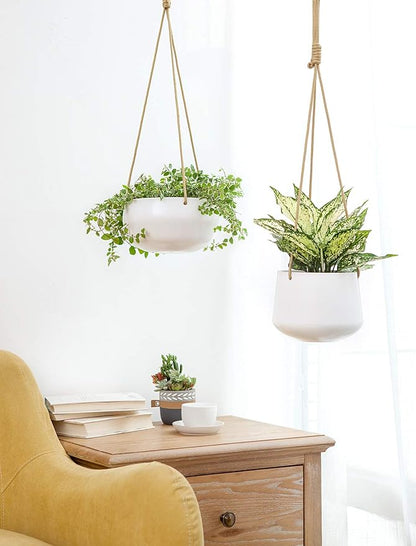 Mkono Ceramic Hanging Planter of Shallow 8 Inch and Deep 6 Inch for Indoor Outdoor Plants, Set of 2 Modern Plant Pot Geometric Porcelain Hanging Basket with Polyester Rope Hanger