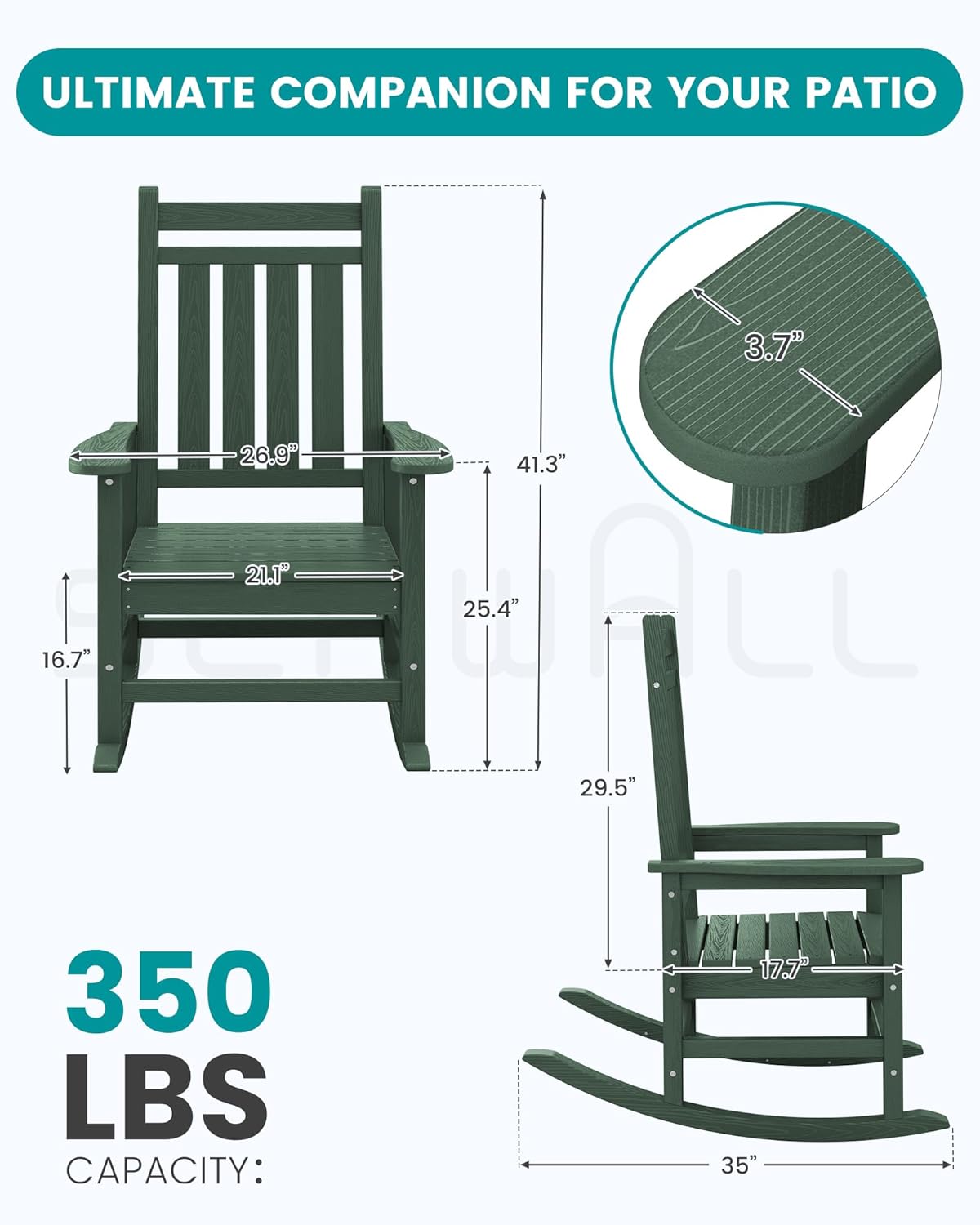 SERWALL Oversized Outdoor Rocking Chair Set of 2, HDPE Rocker for Adults, Patio Rocking Chairs for Porch, Green