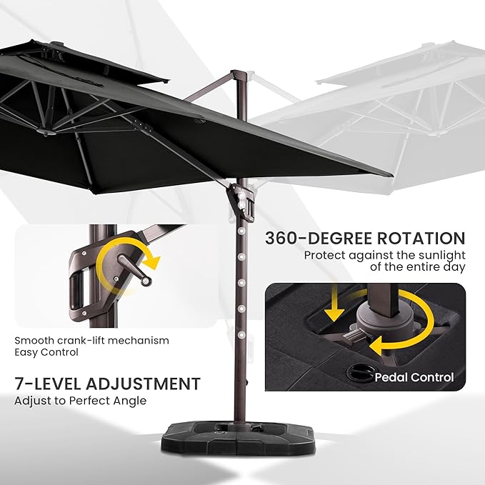 10x10 FT Cantilever Patio Umbrella with Base Included Double Top Outdoor Square Large Heavy Duty Aluminum Offset Umbrellas with 7 Level Tilt 360-degree Rotation for Pool Garden Deck,Black