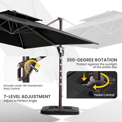 10x10 FT Cantilever Patio Umbrella with Base Included Double Top Outdoor Square Large Heavy Duty Aluminum Offset Umbrellas with 7 Level Tilt 360-degree Rotation for Pool Garden Deck,Black