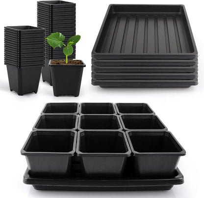 50Pcs 3.5inch Square Nursery Pots with 5Pcs Seed Starting Trays, Seed Starter Tray Kit, Seeds Starting Germination, Seeding Pots with Drain Holes, Small Plant Nursery Propagation