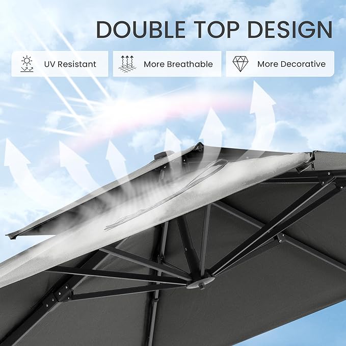 10x10 FT Cantilever Patio Umbrella Double Top Outdoor Square Large Heavy Duty Aluminum Offset Umbrellas with 7 Level Tilt 360-degree Rotation for Pool Garden Deck, Grey