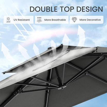 10x10 FT Cantilever Patio Umbrella Double Top Outdoor Square Large Heavy Duty Aluminum Offset Umbrellas with 7 Level Tilt 360-degree Rotation for Pool Garden Deck, Grey