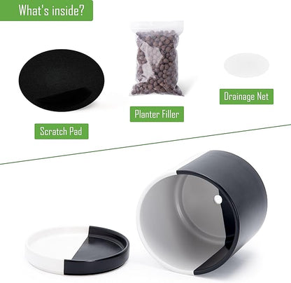 D'vine Dev 8.2 Inch Ceramic Planter Pot with Drainage Hole and Saucer, Indoor Cylinder Round Planter Pot, Split Monochrome Black & White, 94-O-D-0