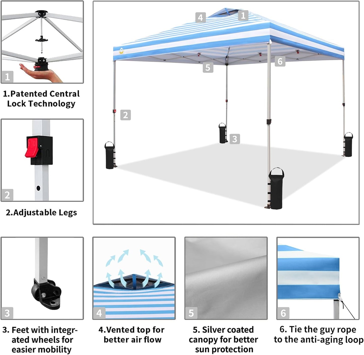 Crown Shades 10x10 Pop Up Canopy - Beach Tent with One Push Setup - Outdoor Sun Shade for Events, Parties, Camping - STO-N-Go Cover Bag, Silver Coated Top, 3 Height& 4 Sand Bags, Sky Blue Stripes