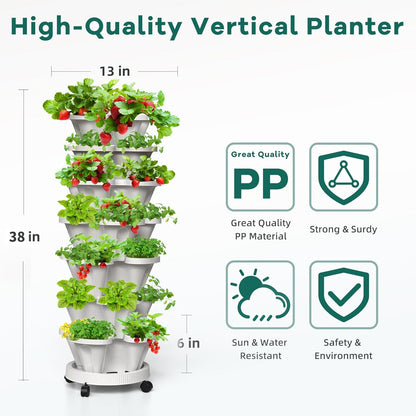 7 Tiered Strawberry Vertical Planter 2 Pack, Stackable Tower Garden Planter Herb Garden Planter with Movable Casters and Bottom Saucer Indoor and Outdoor - White